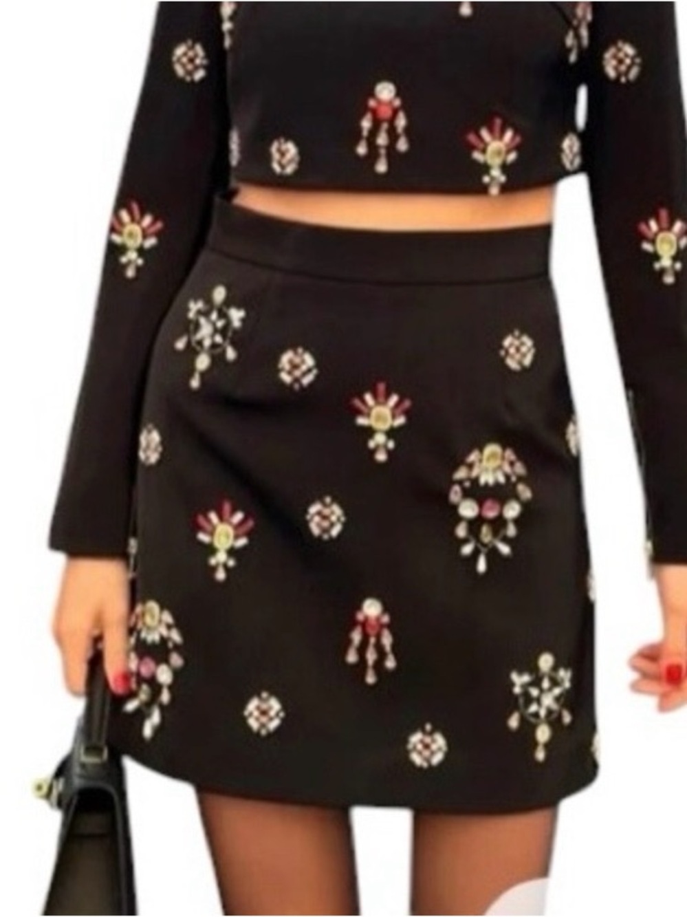 Women’s Wearable Art Embellished Rhinestone Designer Black Mini Skirt NEW Small